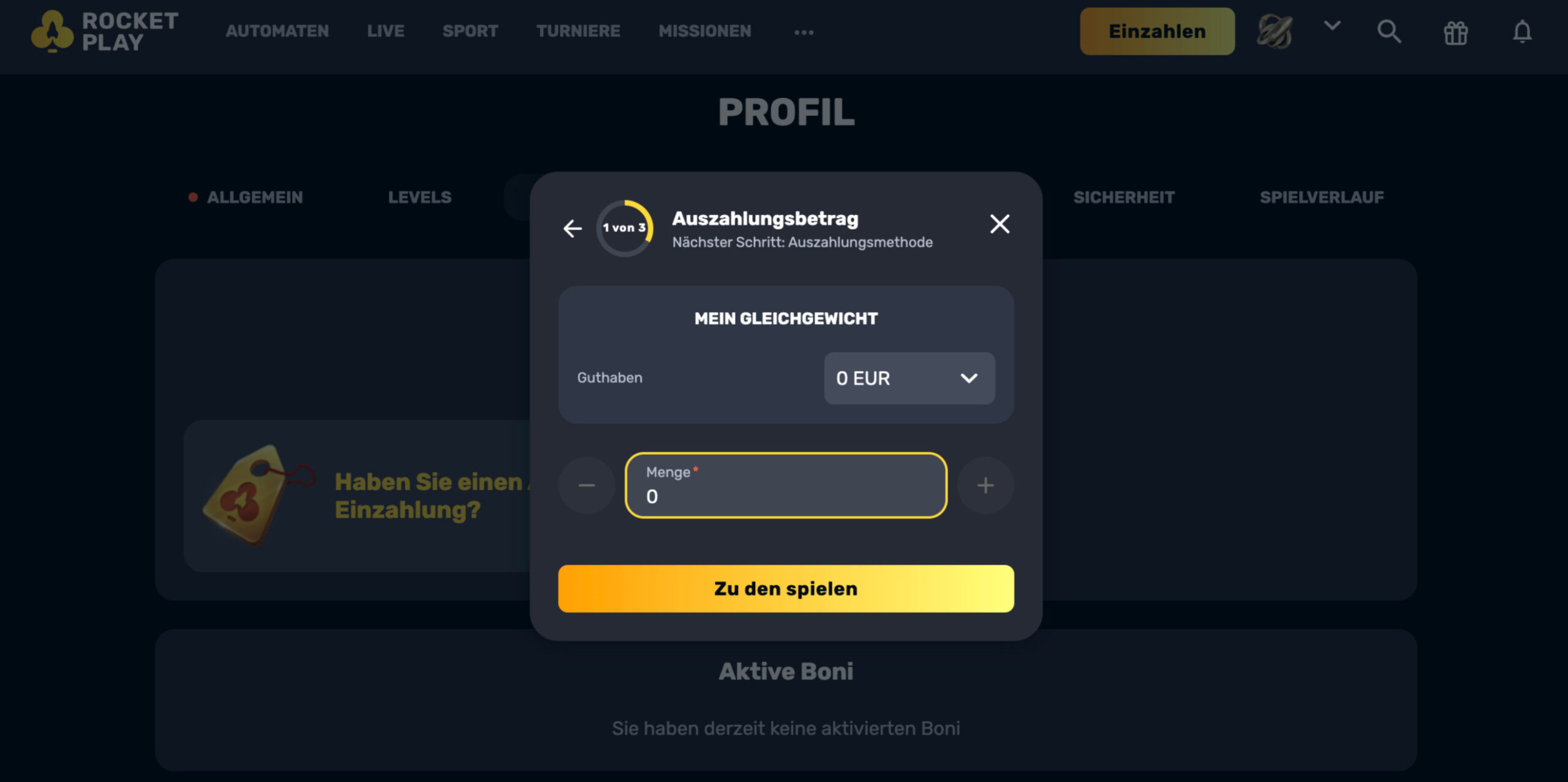 Screenshot des Auszahlungsformulars des Rocketplay Casinos