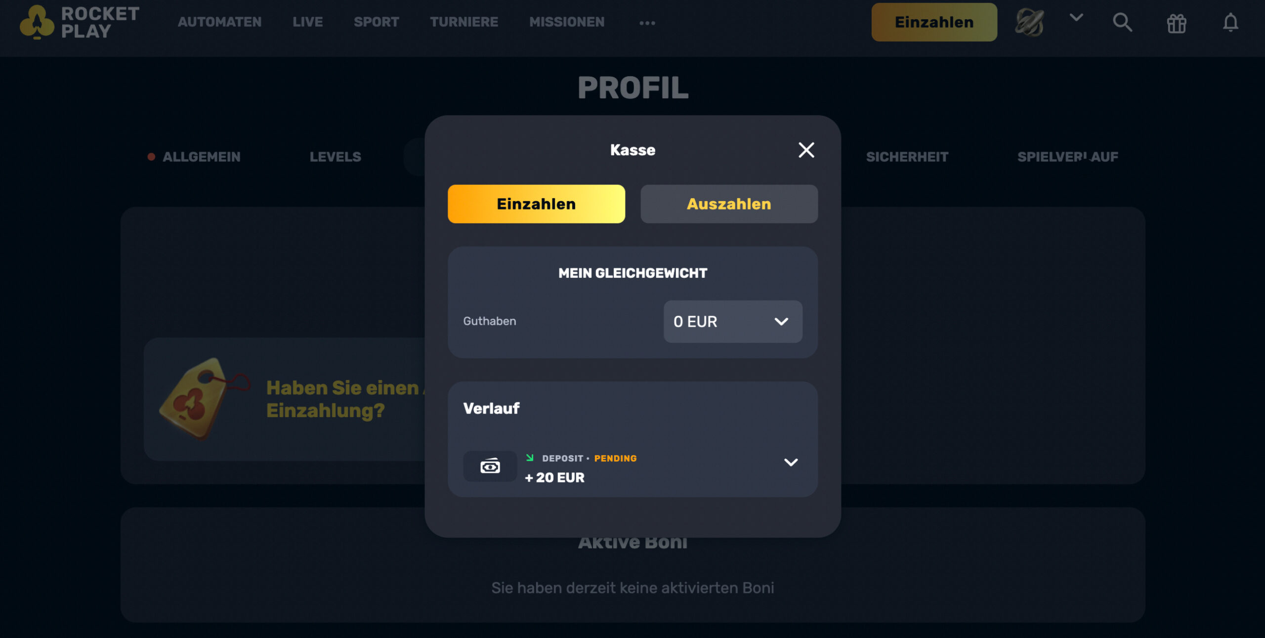 Screenshot des Einzahlungsformulars des Rocketplay Casinos